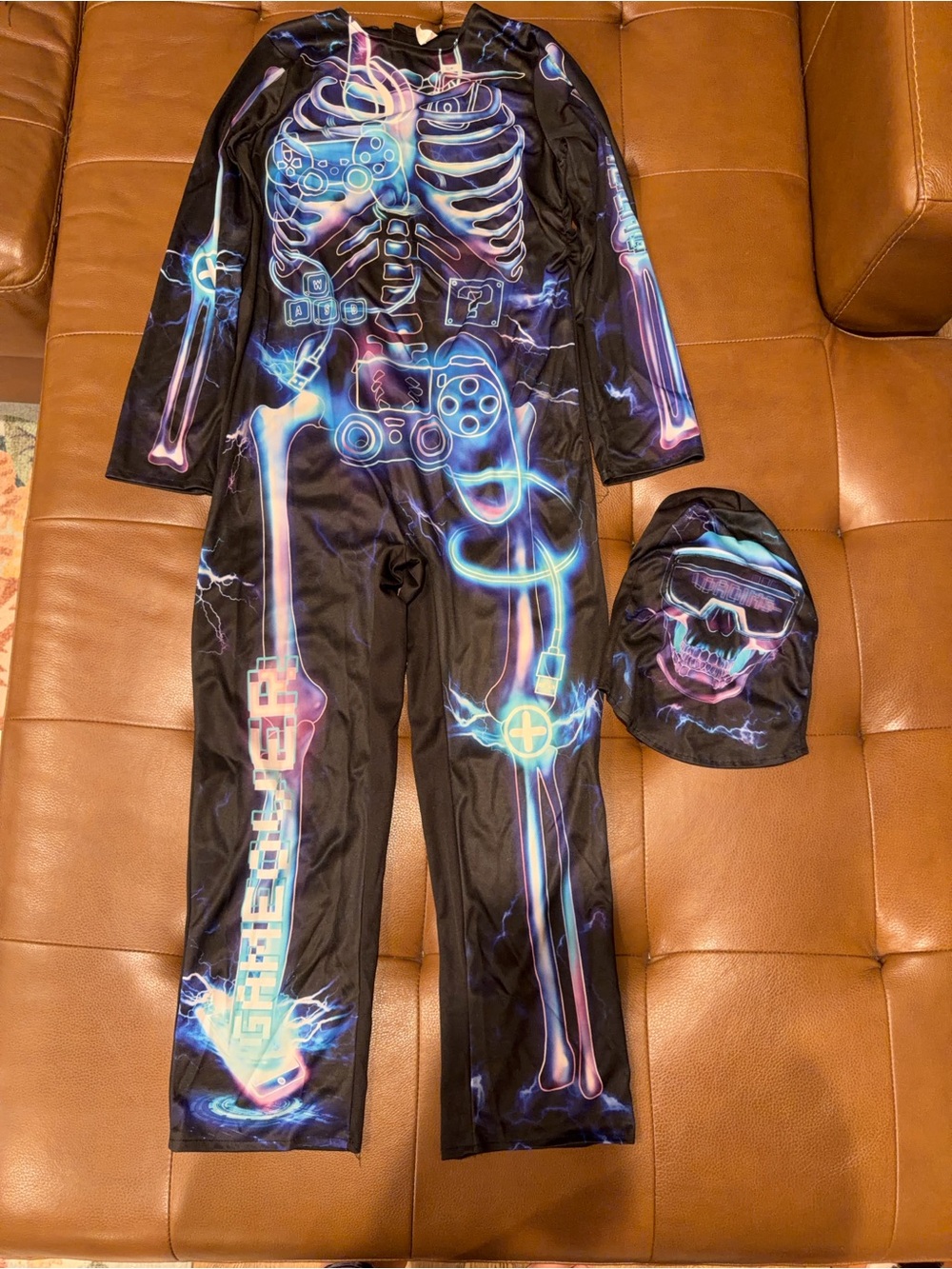 Halloween Kids glowing Skeleton One-Piece Jumpsuit Costume W/Skull Mask 10/12